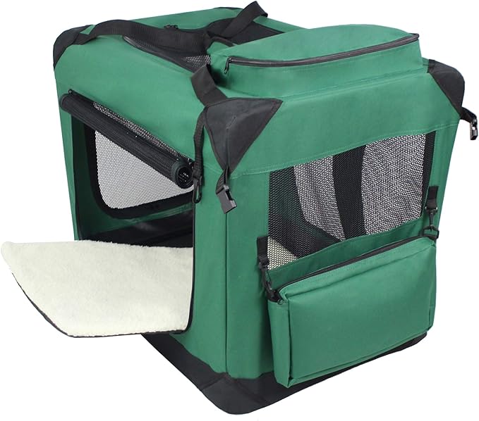 EliteField 3-Door Folding Soft Dog Crate with Carrying Bag and Fleece Bed (2 Year Warranty), Indoor & Outdoor Pet Home (20" L x 14" W x 14" H, Green)