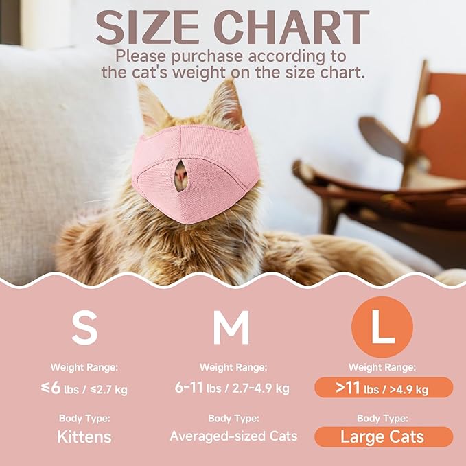 BARKLESS Cat Calming Muzzle for Grooming & Nail Trimming, Oxford Muzzle with Shading Design to Help Calm the Cat Down, Soft Head Cover to Prevent Biting & Scratching (Pink, L)