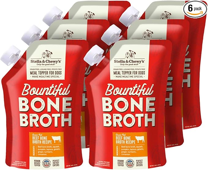 Stella & Chewy's Human-Grade Grass-Fed Beef Bone Broth for Dogs - Joint & Gut Health Liquid Food Topper with Collagen & Turmeric, 16 Fl Oz Resealable Pouch (Pack of 6)
