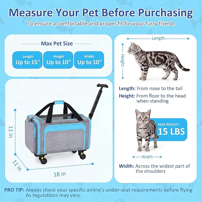 Rolling Pet Carrier with Detachable Wheels - 18x11x11 TSA Airline Approved for Southwest Delta United American, Soft Sided Expandable Travel Bag for Small Dogs & Cats up to 15Lbs, Fits Under Seat