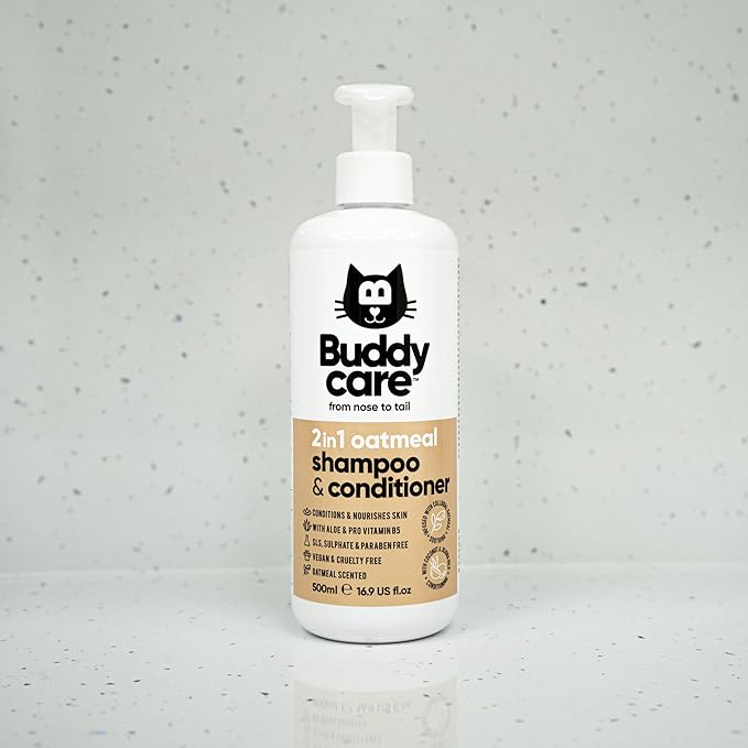Buddycare Oatmeal 2in1 Cat Shampoo & Conditioner Vegan, Cruelty-Free & PH Balanced - Packed with Aloe & Pro Vitamin B5 | Deep Cleanse Grooming for Healthy Coats | Also Suitable for Kittens (16.90oz)