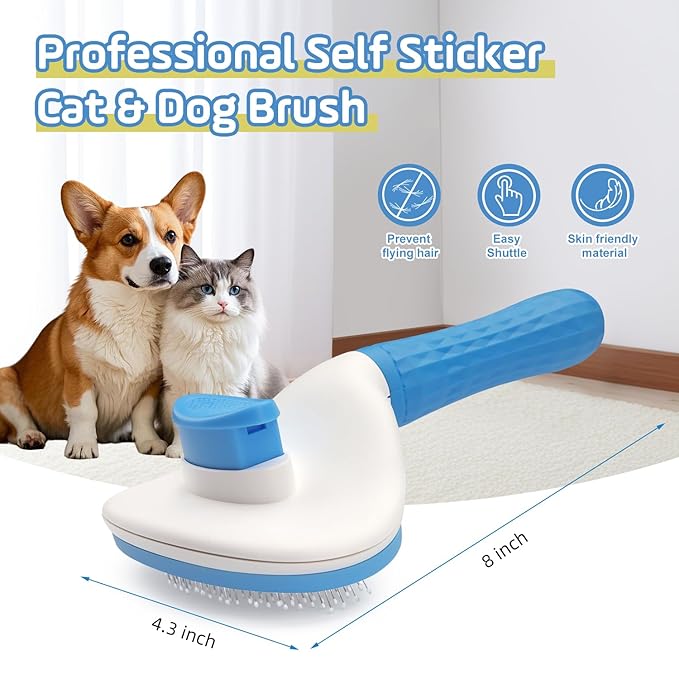Slicker Dog Brush for Shedding,Self Cleaning Cat Brush,Skin Friendly Cat Brushes for Indoor Cats Massage Grooming,Dog Deshedding Brush for Long&Short Haired Dogs Loose Fur Hair Removal Blue