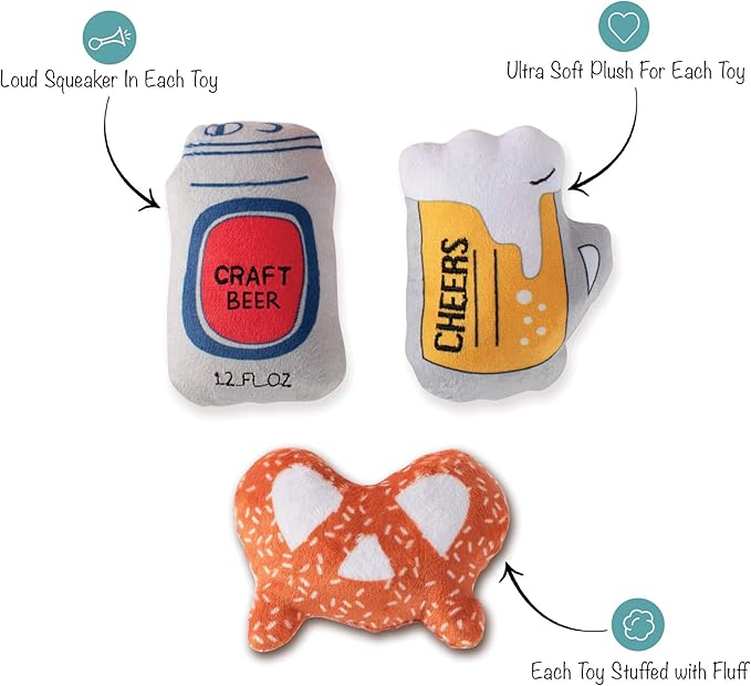 Fringe Studio, "Beer, Small Plush Squeaker Dog Toy 3PCS Set, PetShop Collection (289441)