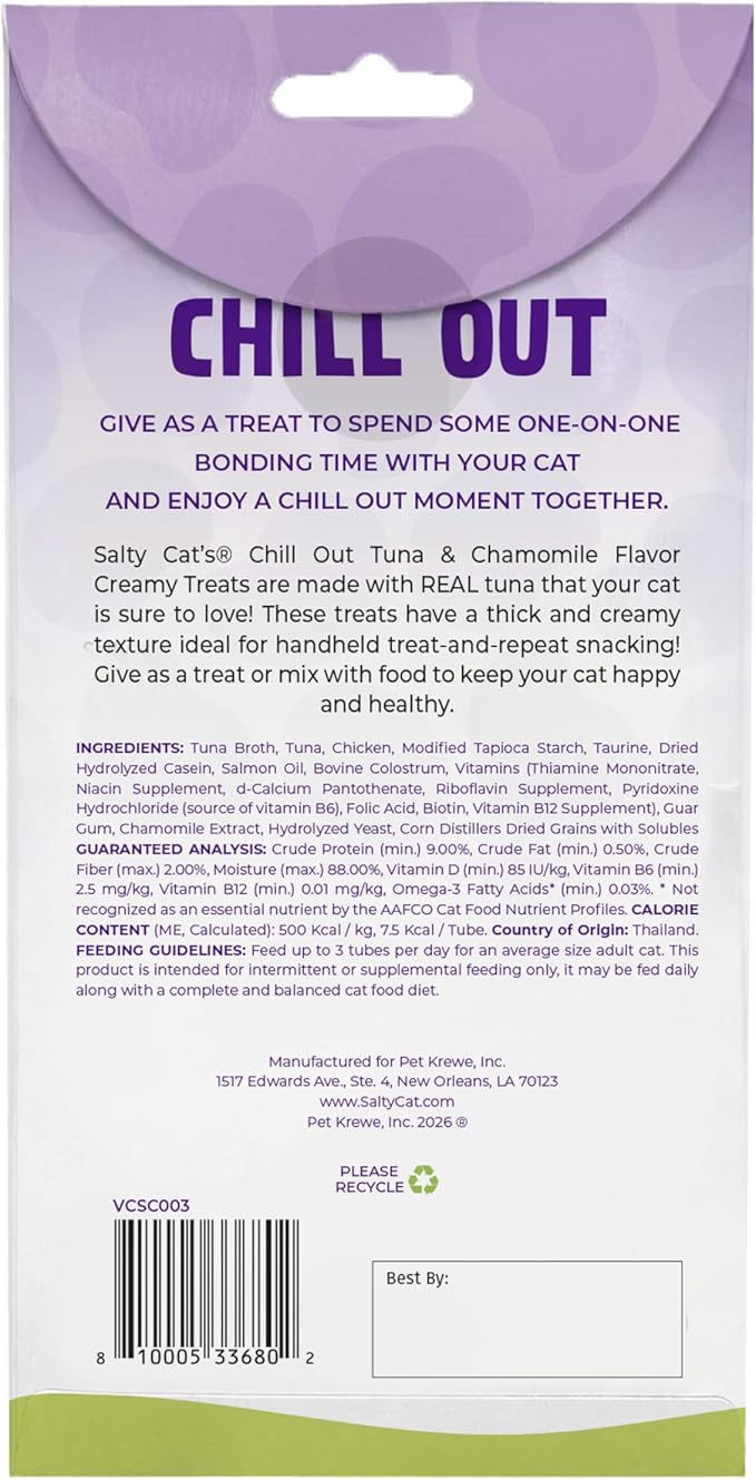 Salty Cat VitaCat Chill Out Natural Creamy Tuna & Pumpkin Functional Tube Treats for Cats, 15g (12 Pack)