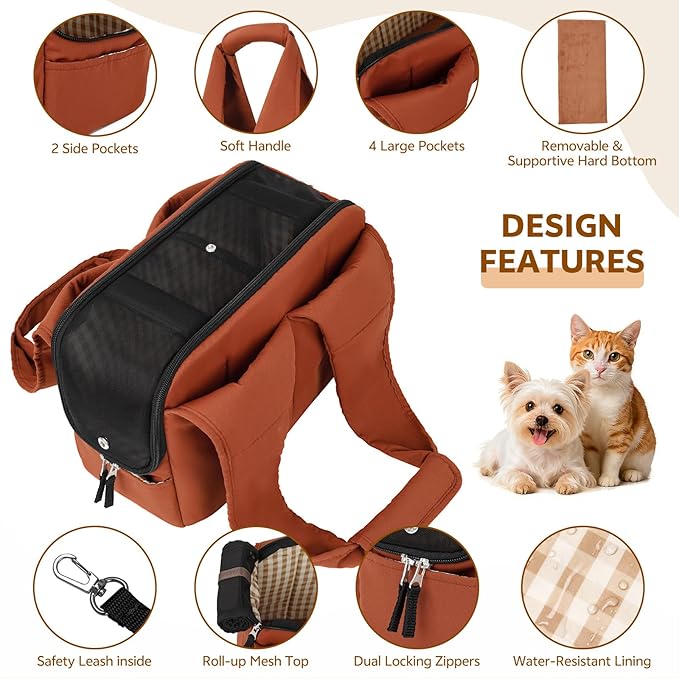 Dog Purse Carrier for Small Dogs and Cats, Soft-Sided Pet Tote Bag with 6 Large Pockets, Collapsible Travel Puppy Carrier with Small Cushion, Fits Pets up to 6 lbs (Caramel, 13.6" L x 6.6" W x 10" H)