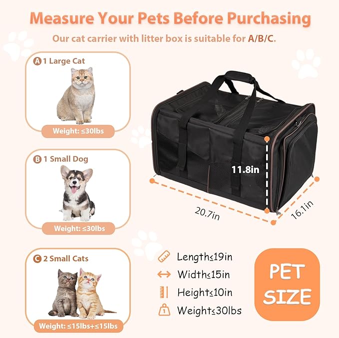 Large Cat Carrier for 2 Cats with 2 Litter Boxes, A.FATI Expandable Foldable Double Pet Carrier with Removable Divider, Breathable Mesh Oxford Cat Travel Crate for Car/Camping/Vet, Black