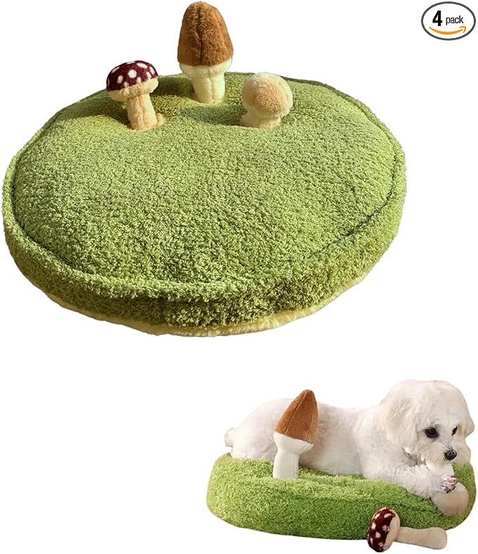 CECE PAW Mushroom Mat Pet Toy & Bed | Dog Snuffle Mat with 3 Crinkle Mushrooms for Treat Hiding | Soft Cushion for Cats, Small Dogs, & Owners | Washable Interactive Play & Cozy Rest