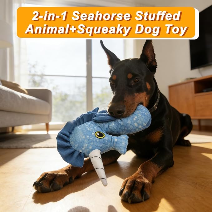 Recycled Canvas Seahorse Squeaky Dog Toy for Chewers Puppy Teething Chew Toy Cute Hippocampus Stuffed Animal Durable Interactive Dog Squeak Toy for Small Medium Large Dogs Toy Gift 29cm/11.42in