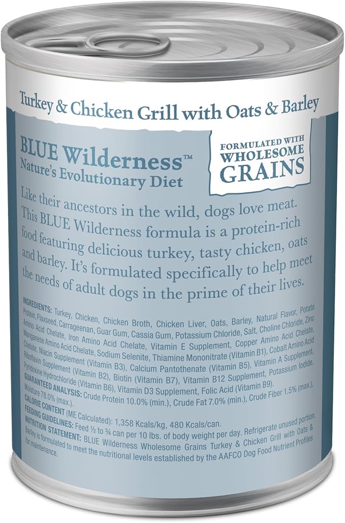 Blue Buffalo Wilderness Natural High Protein Wet Food for Adult Dogs, Turkey & Chicken Grill WITH WHOLESOME GRAINS, 12.5-oz Cans, 12 Count
