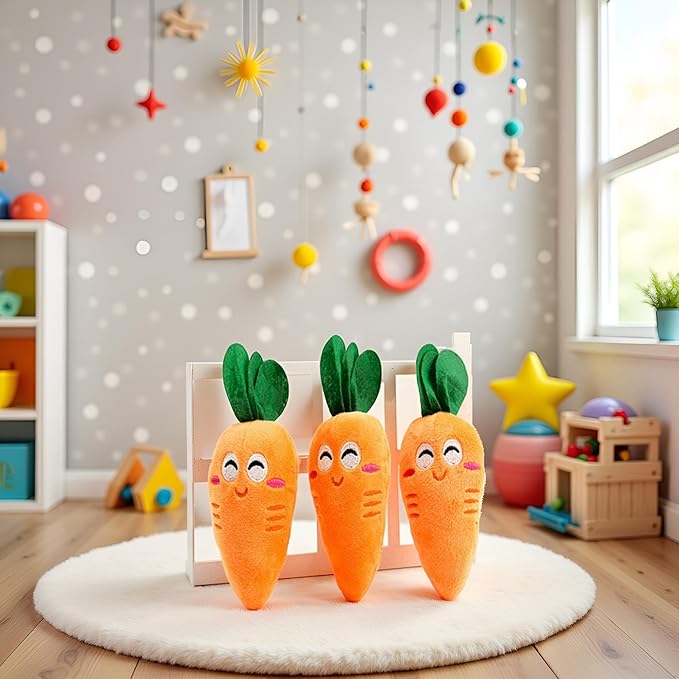 3Pcs Orange Soft Puppy Pet Supplies Cute Carrot Plush Chew Squeaker Sound Squeaky for Dog Cat Birthday Xmas Gifts, Squeak