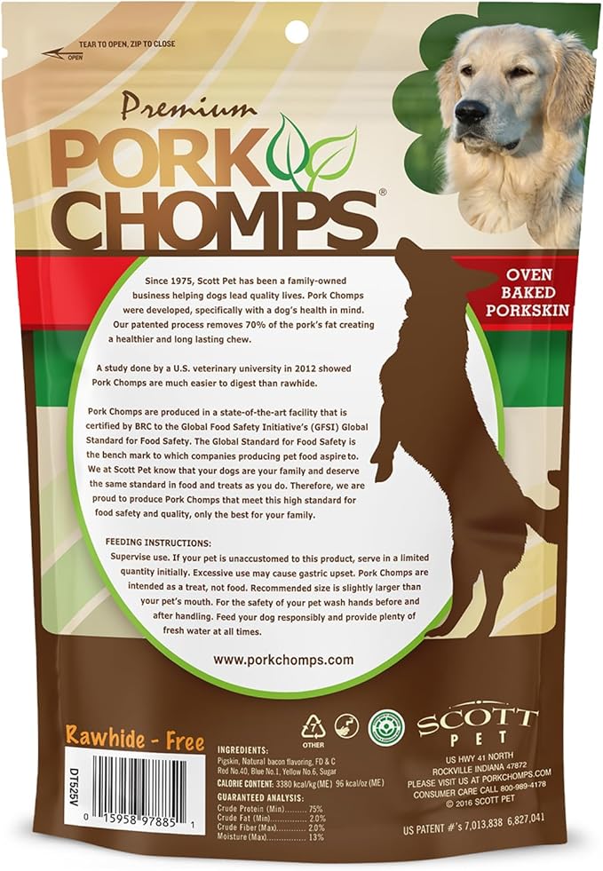 Pork Chomps Baked Pork Skin Dog Chews, 6 Inch Twists, 4 Count - Bacon Flavor Wrap - Long-Lasting Treats for Dogs - High Protein, Rawhide-Free, Low Fat, Healthy & Delicious Chews