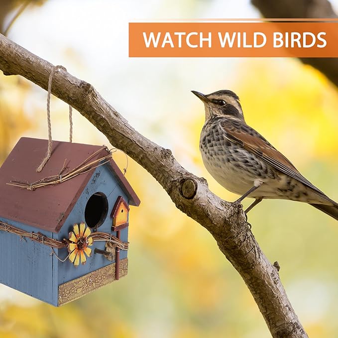 Kisangel Wooden Bird Parrot House Feeder Hanging Wild Bird House Outdoor Garden Blue Metal Edge Birdhouse for Backyard Birding and Wildlife Feeding