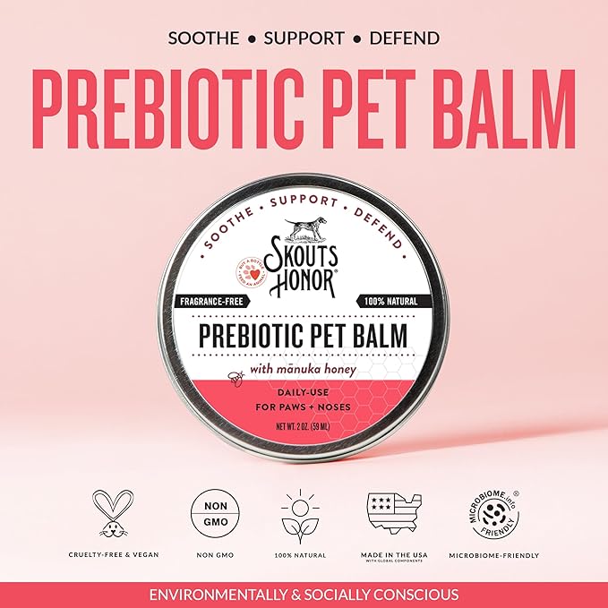 SKOUT'S HONOR Prebiotic Pet Balm - 100% Natural and Made with Manuka Honey to Promote Healing of Your Pet's Paw Pads and Nose, Soothes Dry, Itchy Paws and Noses - Safe for Cats and Dogs, 2oz