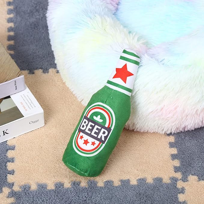 Squeak Dog Toy Soft Plush- Chew Beer-Bottle Shape Squeeze with Squeaker for Medium & Small Dog, 24*7cm