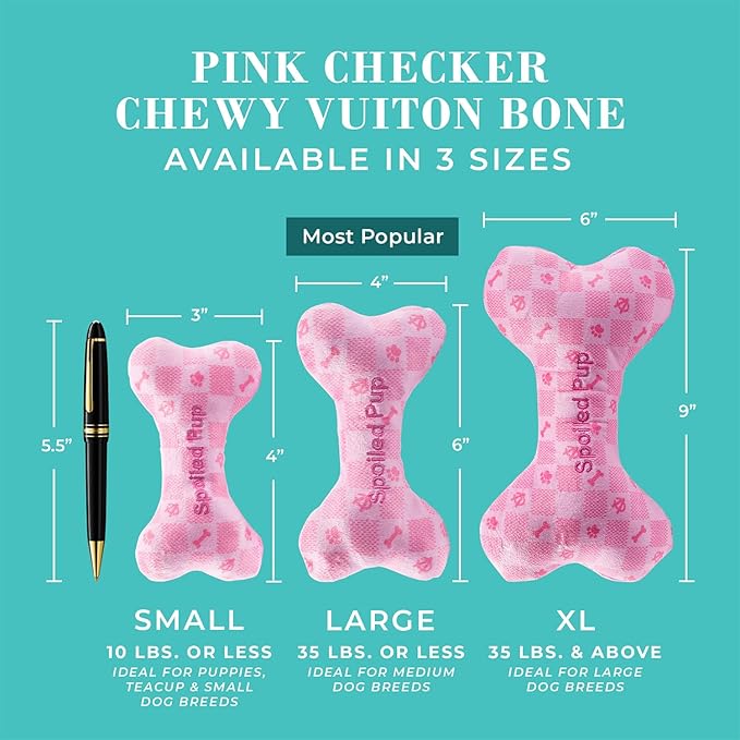 Haute Diggity Dog Chewy Vuiton Bone Plush Squeaky Dog Toy, Soft Durable Designer-Inspired Stuffed Puppy Chew Toys for Small & Medium Dogs, Machine-Washable (Pink Checker) Large