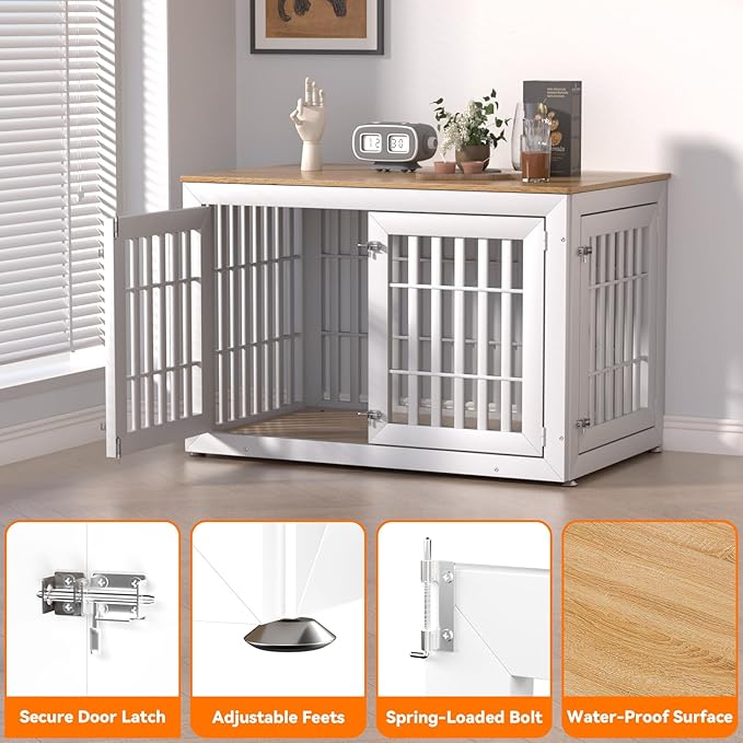 Snuowu 48" Heavy-Duty Dog Crate Furniture for Large Dogs, XXL Wooden Dog Cage Kennel Indoor Furniture, Decorative Pet House End Table, White & Wood