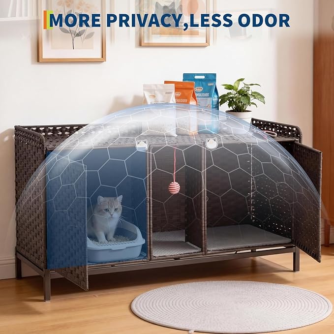 Garvee Cat Litter Box Enclosure Furniture, Handwoven Rattan Cat Houses, Hidden Cat Washroom Furniture with Door/Mat, Large Space Cat Houses with s-Shaped Hooks, Living Room, Bedroom, Brown