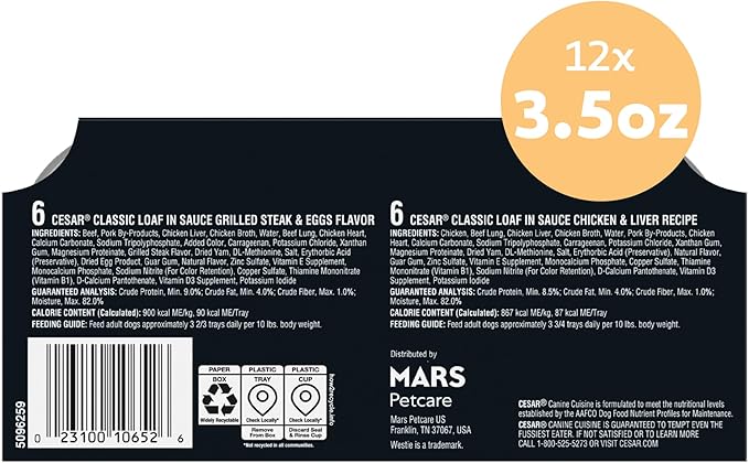 Cesar Classic Loaf in Sauce Adult Wet Dog Food, Breakfast and Dinner with Grilled Steak & Eggs Flavor, and Chicken & Liver Flavor, 3.5 oz. Easy Peel Trays, Variety Pack (12 Count, Pack of 1)
