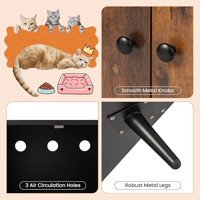 Giantex Cat Litter Box Enclosure, Hidden Cat Washroom Furniture, 2-Door Cabinet, Front Entry, 3 Vent Holes, Cat Scratching Pad, Wooden Pet House Crate End Table for Living Room (Black & Rustic Brown)