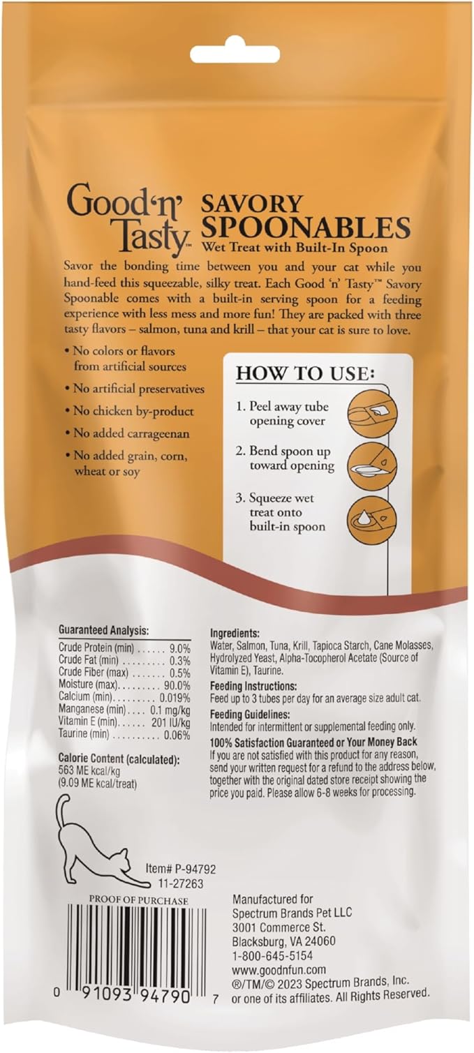 Good ‘n’ Tasty Savory Spoonables with Real Salmon, Tuna & Krill, 6 Count Tube, Triple Flavor Squeezable Lickable Wet Treats for Cats with Built-in Spoon for Less Mess, 6 Pack