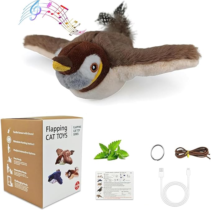 Upgraded Flappy Chase Interactive Chirping Bird Cat Toy with Flapping Wings,No Flying, Interactive Simulation Electric Cat Toy for Cats and Small Dogs-Cat Toys Touch Activated, Rechargeable