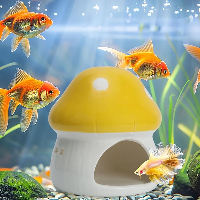 AnRui Ceramic Mushroom Aquarium Decor Cute Mini House Betta Fish Tank Accessories Decoration Hideaway Hideout Cave Ornament for Small Fish, Shrimp, Goldfish and Reptiles (Yellow, Large)