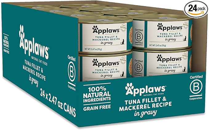 Applaws Natural Wet Cat Food in Gravy, Made with Limited and Natural Ingredients, No Artificial Additives, High Protein, Tuna & Mackerel in Gravy (24 x 2.47oz Cans)