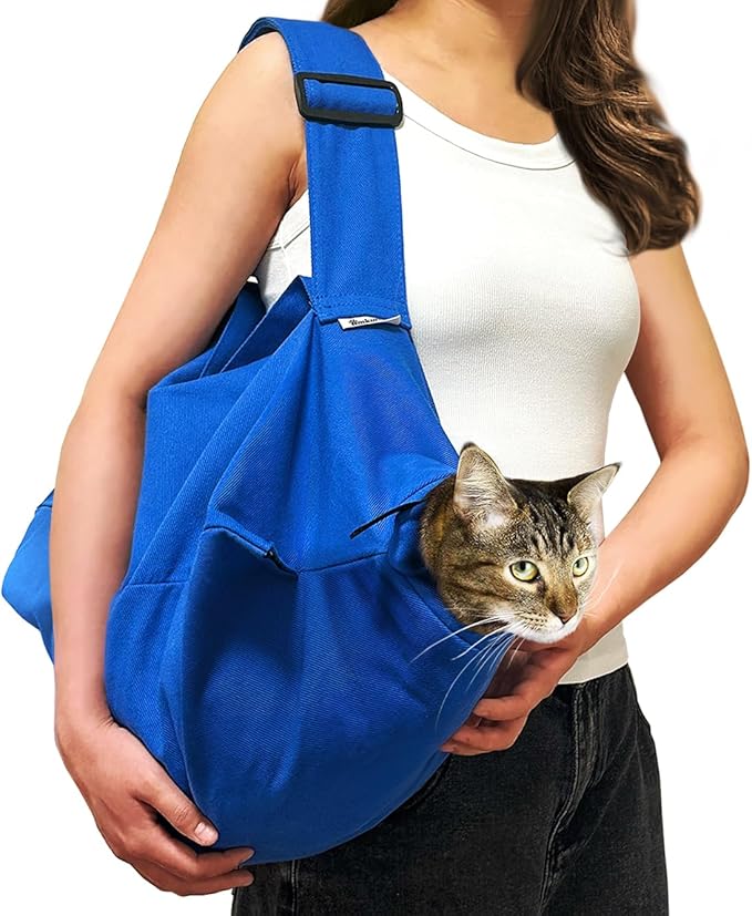 Cat Carrier Pouch for Medium Cats 10–20 lbs, Soft Cat Carrier with Upgraded Adjustable Strap, Durable Cotton Cat Bag for Nail Trimming, Medication & Vet Visits – Klein Blue