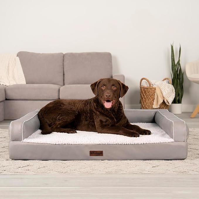 Furhaven Orthopedic Dog Sofa Bed – Memory Foam Couch with Bolsters, Textured Plush & Water-Resistant Cover, Washable Cover, Joint Support - Greige, Jumbo
