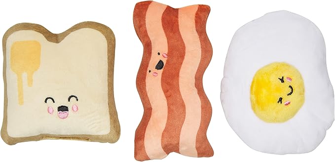 Pearhead Breakfast Dog Toy Set – 3-Piece Bunch Food Theme (Egg, Toast & Bacon) with Squeaker & Crinkle Paper – Interactive Pet Toy for Puppies & Dogs, Stocking Stuffer Ideas