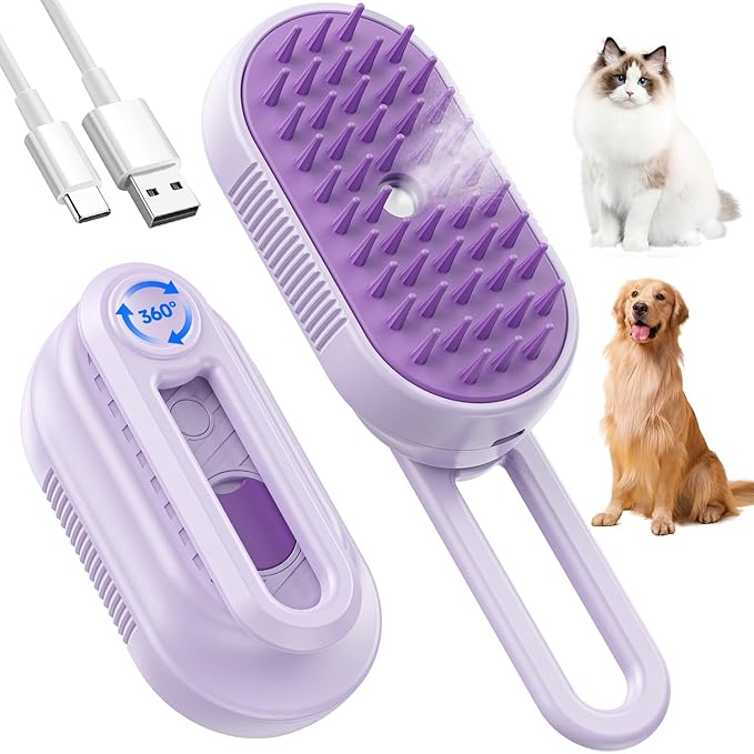 Cat Steam Brush for Shedding, 4 in 1 Cat Steamy Brushs Cleanser with Foldable Handle, Pet Spa Brush for Cats, Spritz Defur Comb for Pets, Steam Brushs for Cats (purple)