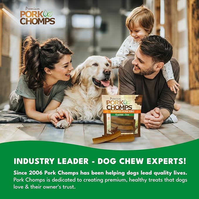 Pork Chomps Roasted Pork Skin Dog Chews, 6 Inch Rib Shapes, 10 Count, Pack of 2 - Long-Lasting Treats for Dogs - High Protein, Rawhide-Free, Low Fat, Healthy & Delicious Chews