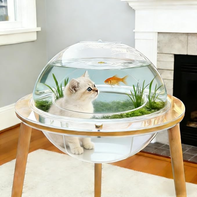 Cat Fish Tank, Interactive Orbit Fish Tank for Cats - 360° Immersive Cat Tv with Internal Tunnel, Heavy-Duty Plywood Base 4mm Thick Acrylic, Indoor Cat Enrichment Furniture