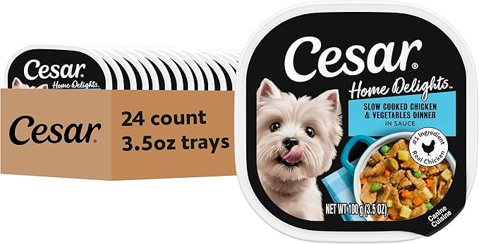 Cesar Home Delights Adult Wet Dog Food, Slow Cooked Chicken & Vegetables Dinner in Sauce 3.5 oz. Easy Peel Dog Food Tray, 24 Count (Pack of 1)