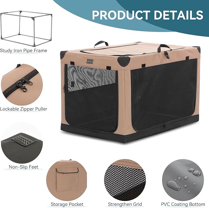 PETSFIT 26" Soft Portable Dog Crate – Patented Spiral Sturdy Frame, Collapsible Travel Kennel for Small Dogs, 3 Mesh Door, Lockable Zippers, Indoor & Car Use Khaki