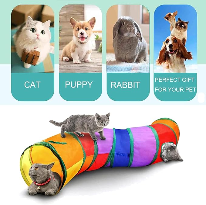 Collapsible Durable Rainbow Cat S-Tunnel & Chew Rope Set, Interactive Indoor Kitten Toy for Active Play