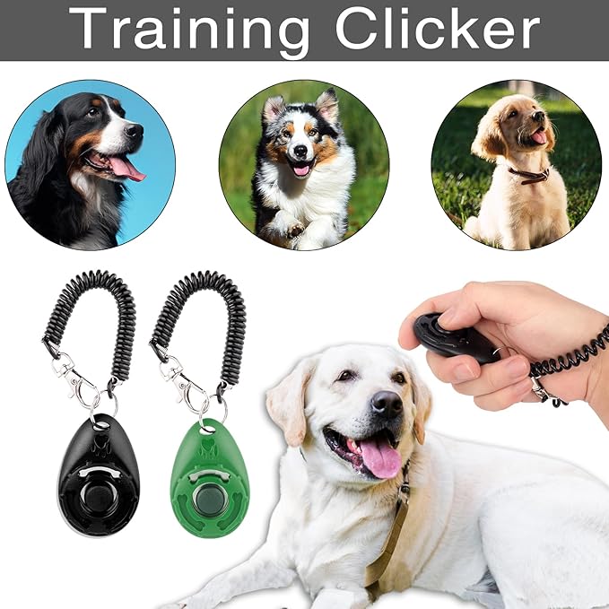 Dog Training Kit,Includes Pet Training Waist,Bag 2 Dog Training Clickers,Treat Pouch,Ultrasonic Silent Whistle,2 in 1 Whistle Clicker Clicker,Training Guide Booklet,2 Dog Poop Bags (Black)