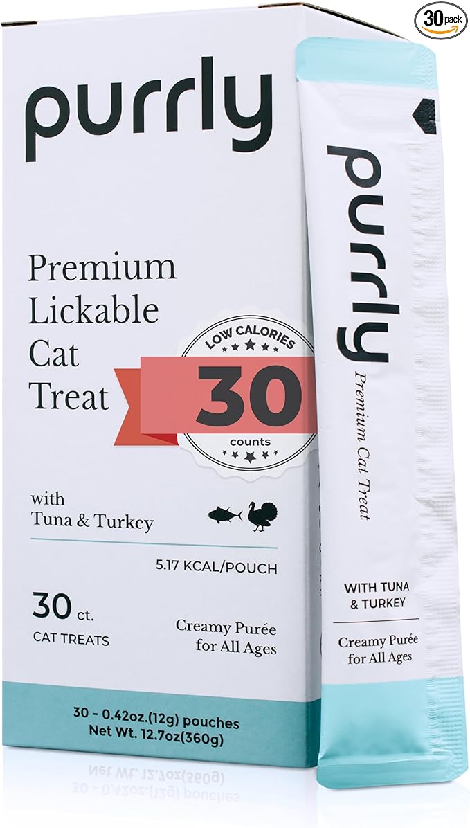 Purrly Lickable Cat Treat Healthy Human-Grade Tuna & Turkey with L-Lysine & Astaxanthin for Immunity (30 Count) Soft Low Calorie Hydrating Interactive Snack Wild-Caught Farm-Grown Grain-Free