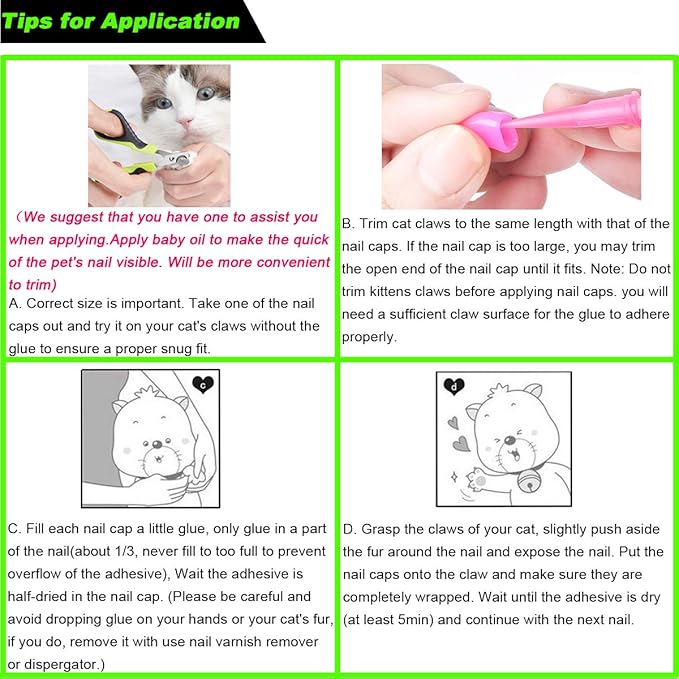 VICTHY 100pcs Cat Nail Caps with Clipper Set, Cat Nail Clipper + Nail Covers with Adhesive and Applicators Size Extra Small (5 COLORS)