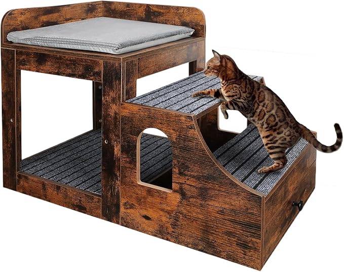 Pet Bunk Bed for Cats, Multi-Level Pet Window Perch Seat Platform with Removable Stairs and Mats for Cats and Dogs, Pet Bed Couch with Drawers for Bedside, Home, Indoor Use, Brown