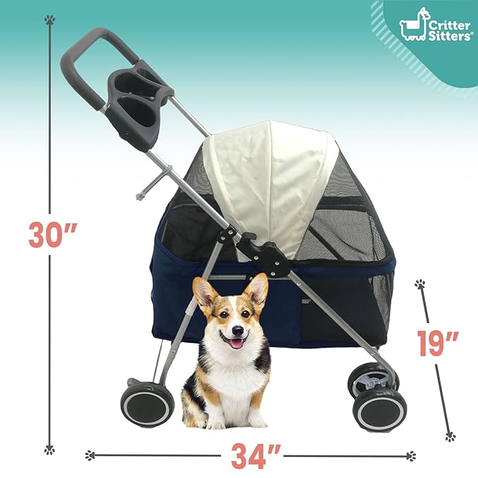 Critter Sitters 4-Wheel Dog Stroller for Small Dogs, Cats, or Rabbits with Scratch Resistant Breathable Mesh Windows, Cup Holders, Lockable Wheels, and Removable Pad, Modern Pet Stroller