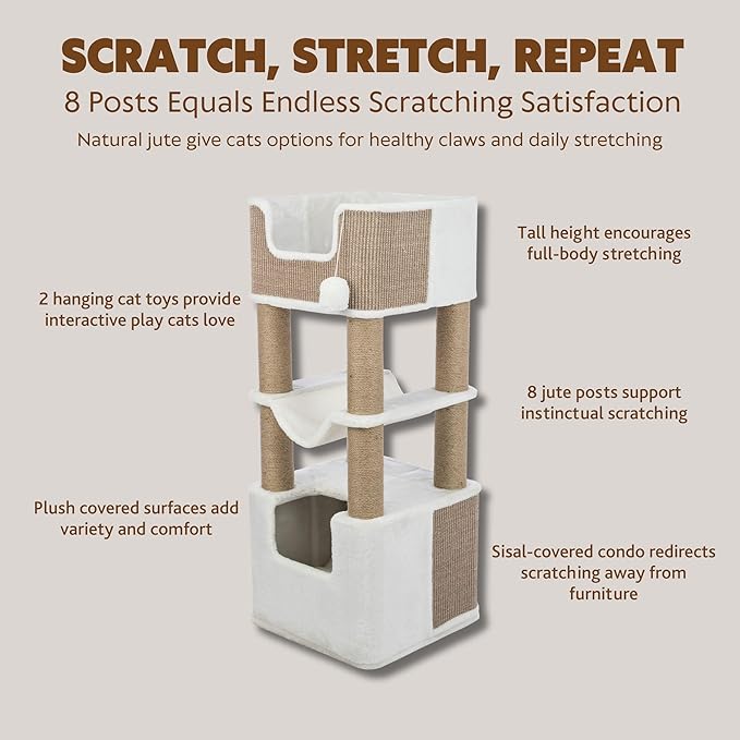 Trixie Lucano 43.3-in XXL Cat Tree, Indoor Cat Furniture with Jute Scratching Posts, Sisal and Plush Covered Condo, Dangling Interactive Toys, Brown