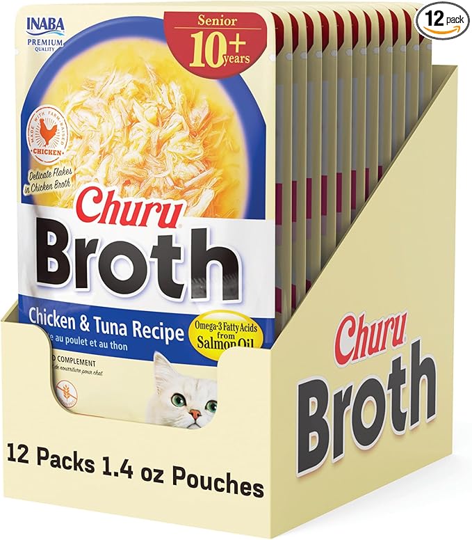 INABA Churu Broth for Cats Senior 10+, Side Dish Pouch, 1.4 Ounces per Pouch, 12 Pouches Total, Chicken & Tuna Recipe