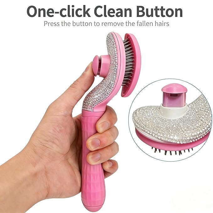 Diamond Rhinestone Cat Hair Brush Deshedding Brush Dog Hair Remover Tool Stainless Steel Comb Slicker Brush with Release Button for Dog Cat Rabbit Shedding Pets Grooming (Pink)