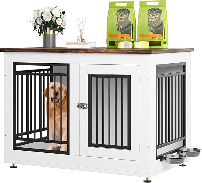 YITAHOME 39" Dog Crate Furniture, Wooden Side End Table with Adjustable Feet and Removable Bowls, Dog Kennel Indoor for Medium Large Dogs