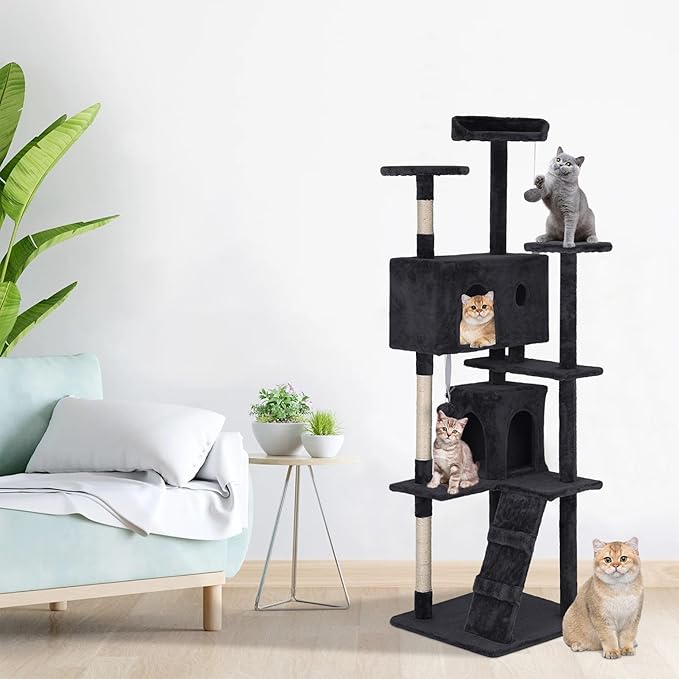 24/7 Shop at Home Court 70 inch Multi-Level Cute Cat Tree Tower with Dangling Ball and Scratching Posts for Indoor Cats Adults, Kitten Supplies, Pet House, Dark Gray