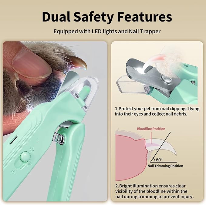 2-in-1 Dog & Cat Nail Clippers and Grinder with Light, Safety Guard, Painless Quiet Pet Nail Claw Trimmers, USB Rechargeable Pet Nail Trimmer, for Large Medium Small Dogs Cats Claw Trimmer, Green