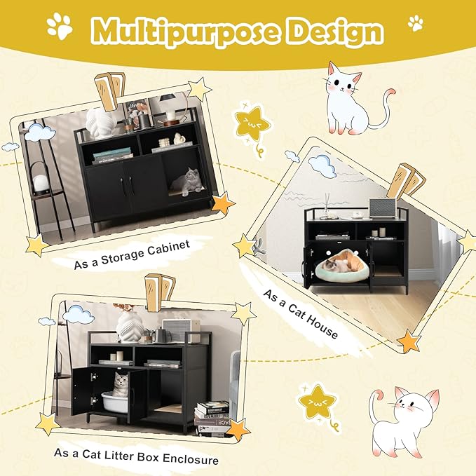 Tangkula Litter Box Enclosure, Cat Litter Box Furniture Hidden w/Metal Frame, Scratching Board, Storage Compartment, Wooden Cat Washroom, Indoor Cat House Side Table, Cat Box Cabinet (Black)