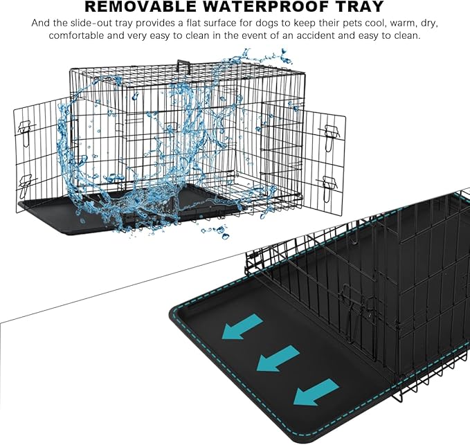 36 Inch Small Dog Crate Doge cage Folding Dog Kennels Metal Wire Pet Crates Puppy Dogs Cages Animal Training Cage Crate with Double Door, Waterproof Tray, Handle and Divider