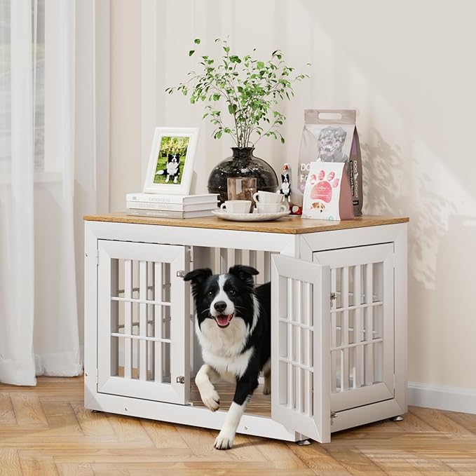 Snuowu 38" Heavy-Duty Dog Crate Furniture for Large/Medium Dogs, Rustic Wooden Dog Cage Kennel Indoor Furniture, Decorative Pet House End Table, White & Wood